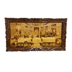 Vintage Last Supper Picture Inlaid Bamboo In Carved Wood Frame 14”x26”